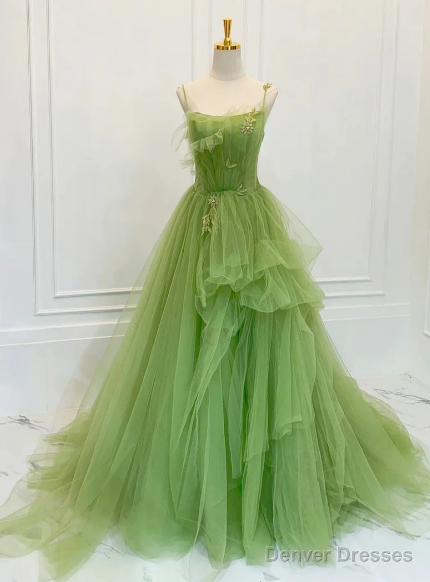 Green Tulle Spaghetti Strap Beading Prom Dress Main image