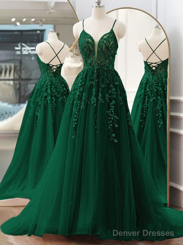 Green Tulle Spaghetti Straps Appliques Prom Dress Main image
