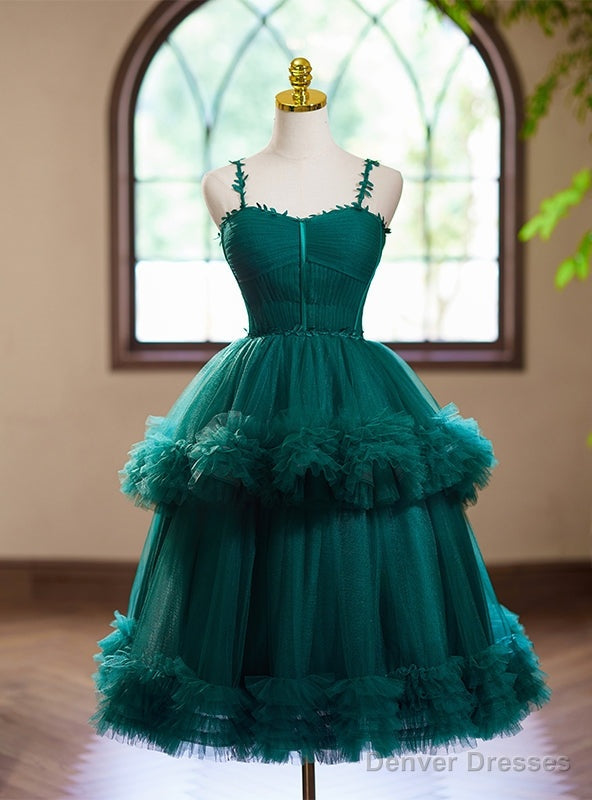 Green Tulle Spaghetti Straps Pleats Homecoming Dress Main image