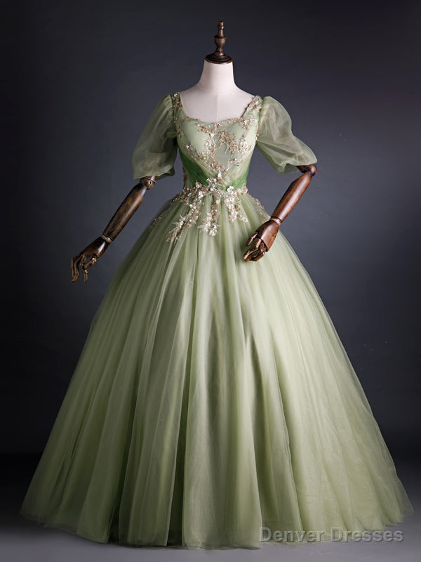 Green Tulle Square Puff Sleeve Sequins Appliques Quinceanera Dress Main image