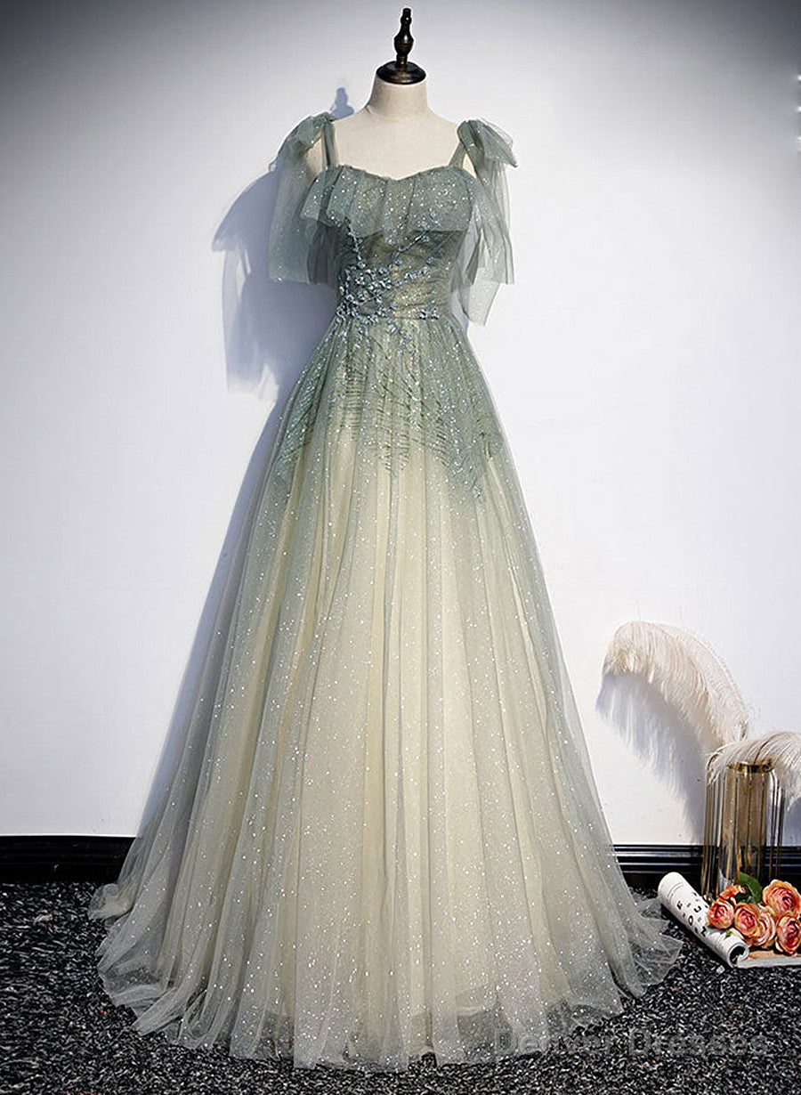 Green Tulle Straps A-line Beaded Long Prom Dress, Green Evening Party Dress Secondary image