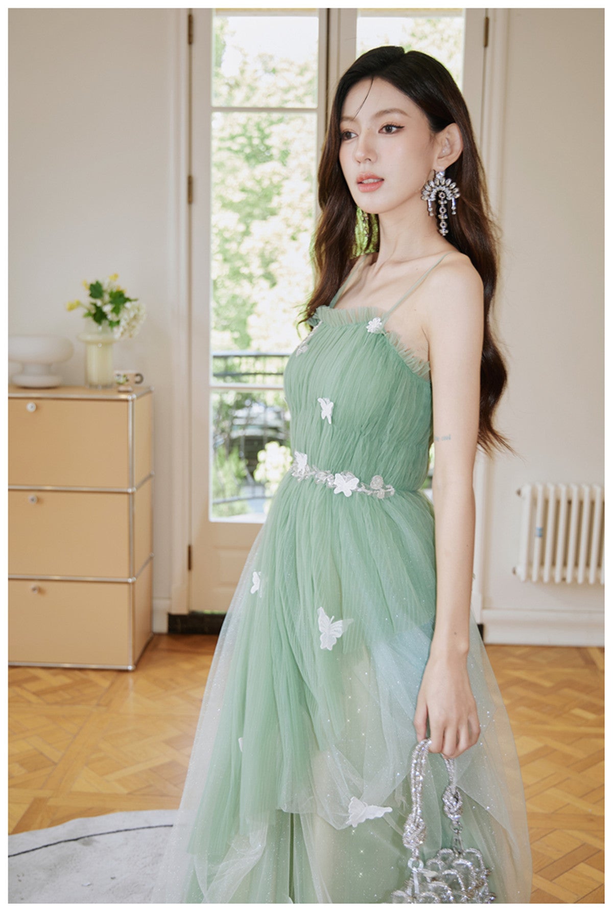 Green Tulle Straps Long Prom Dress, Light Green A-Line Floor Length Party Dress