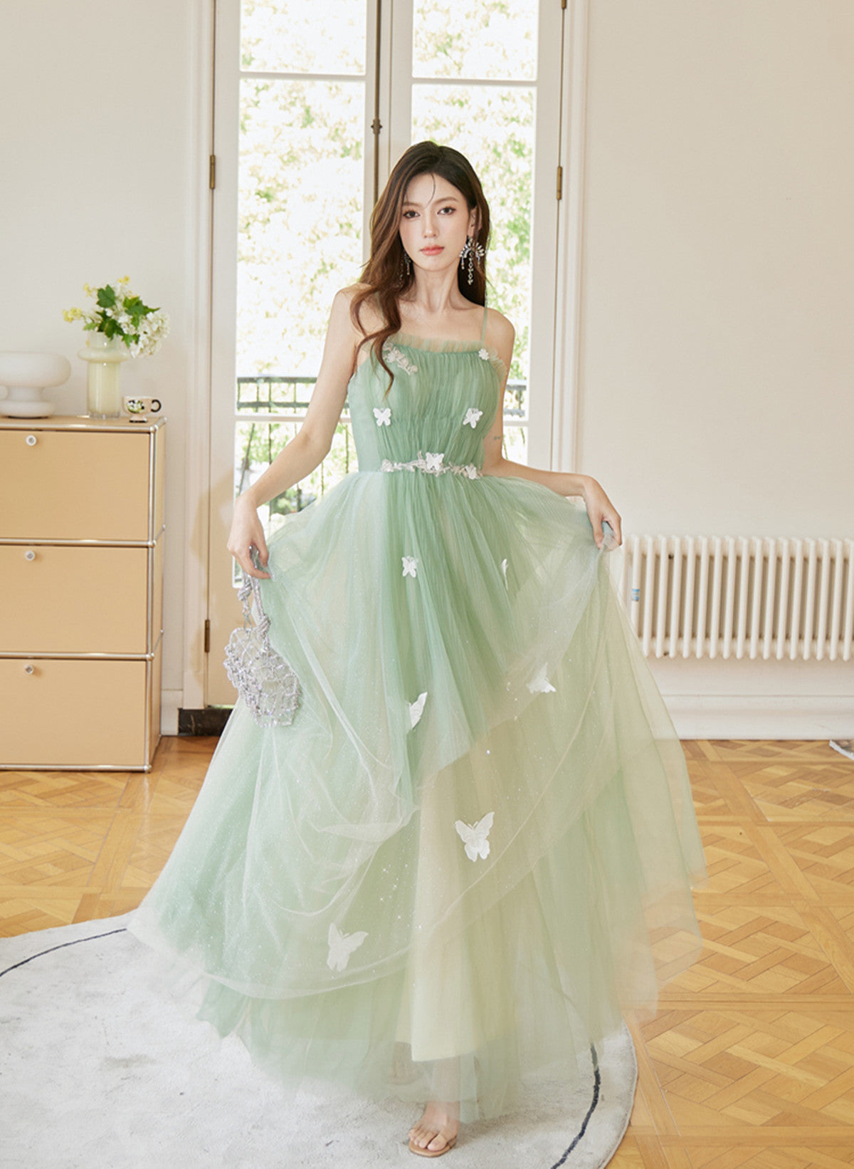 Green Tulle Straps Long Prom Dress, Light Green A-Line Floor Length Party Dress Main image