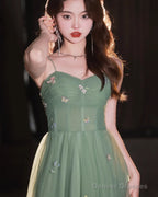Green Tulle Straps Sweetheart Long Formal Dress, Light Green A-Line Prom Dress