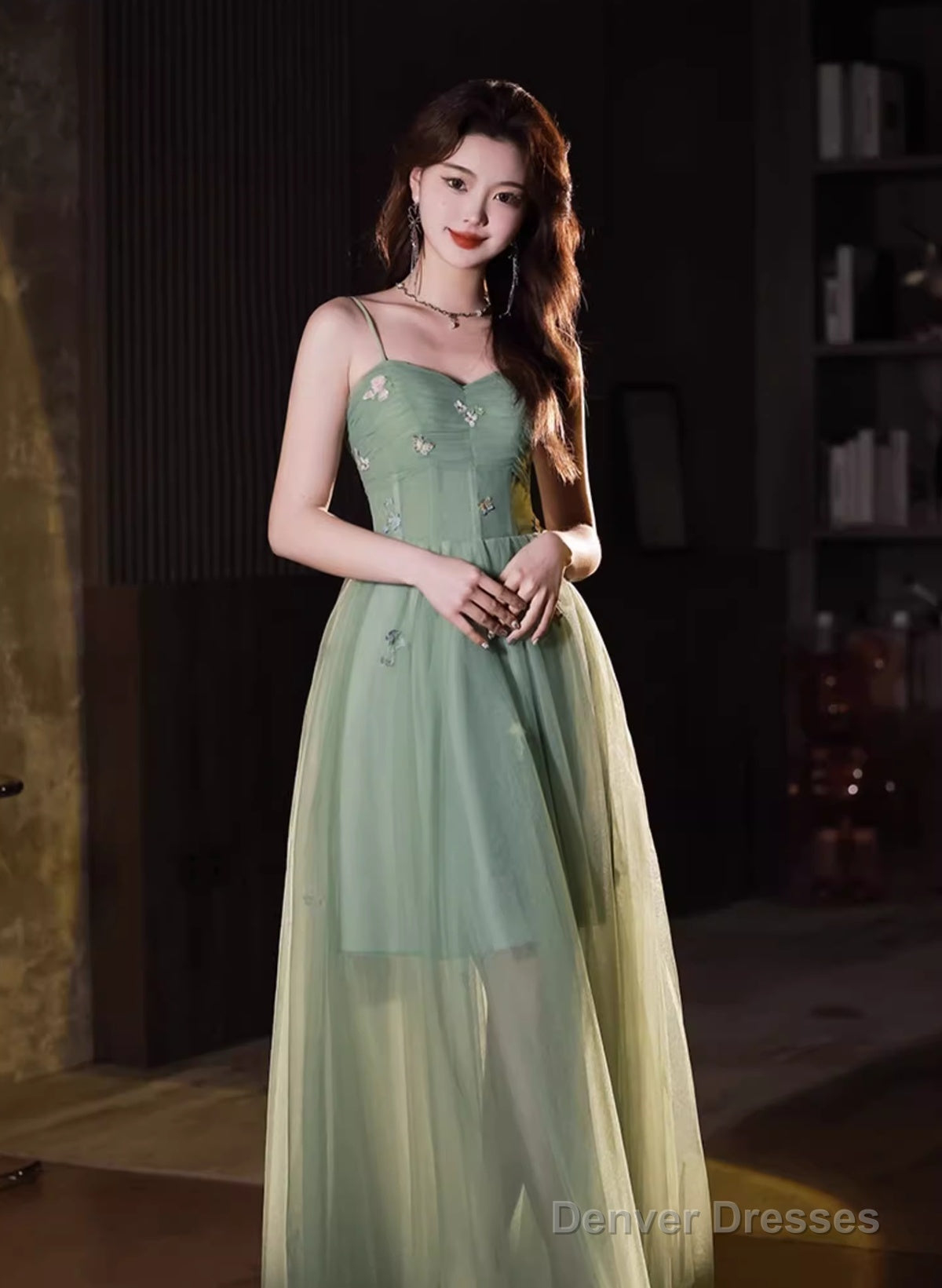 Green Tulle Straps Sweetheart Long Formal Dress, Light Green A-Line Prom Dress Main image