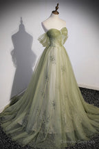 Green Tulle Sweetheart Neckline Long Prom Dress, Green Strapless Evening Dress