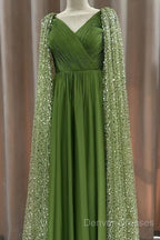 Green Tulle V-Neck Dress With Beaded Cape