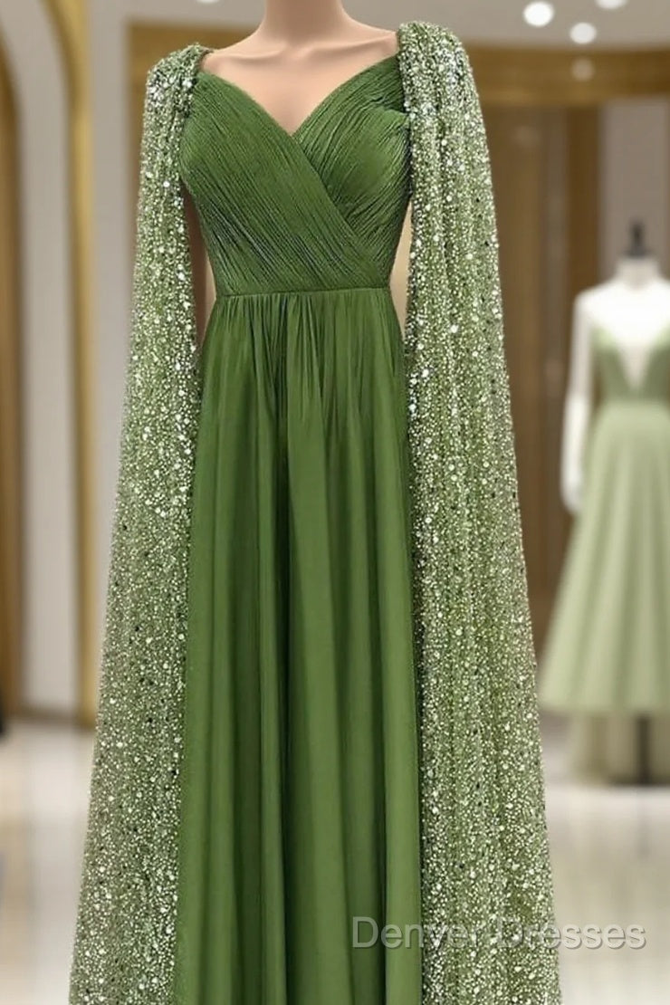 Green Tulle V-Neck Dress With Beaded Cape Main image