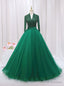 Green Tulle V-neck Long Sleeve Backless Beading Prom Dress
