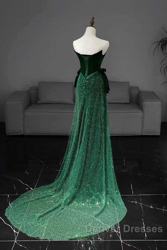 Green Tulle Velvet Long Prom Dress, Green Long Formal Dress