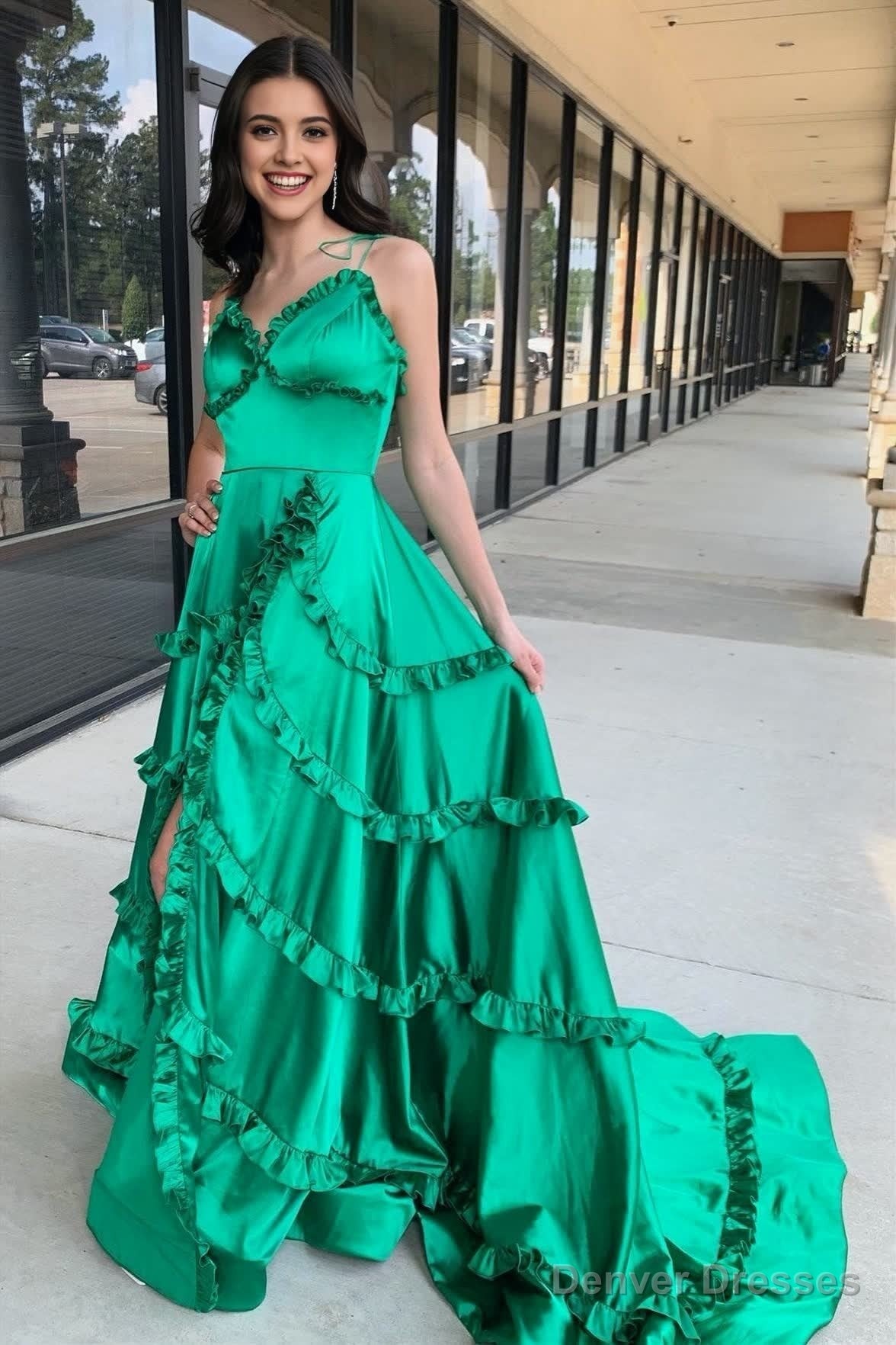 Green V-Neck Backless Ruffle A-Line Prom Gown with Slit Secondary image