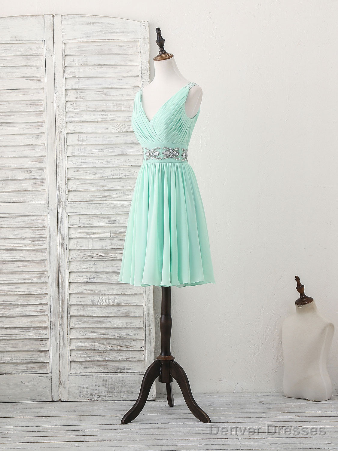 Green V Neck Chiffon Short Prom Dress, Green Homecoming Dress Main image