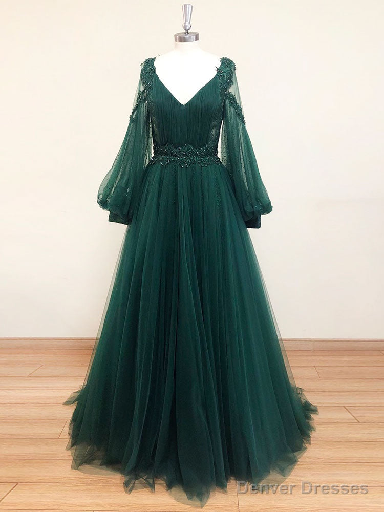 Green V Neck Lace A line Long Prom Dress,Tulle Evening Dresses Long Sleeve Main image