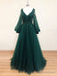 Green V Neck Lace A line Long Prom Dress,Tulle Evening Dresses Long Sleeve