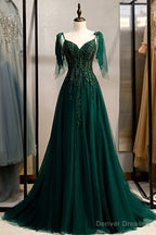 Green V-Neck Lace Long Prom Dress, A-Line Spaghetti Straps Evening Dress