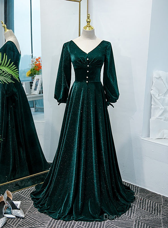 Green V-neck Long Sleeve Pearls Prom Dress Main image