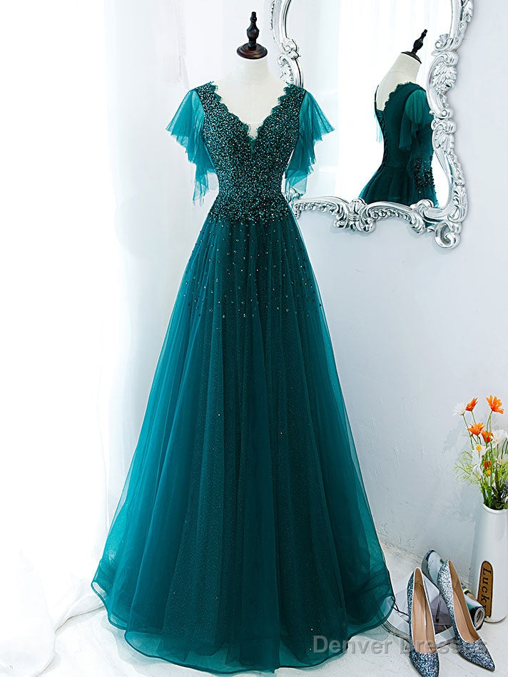 Green V Neck Sequin Beads Long Prom Dress, Green Formal Bridesmaid Dresses Secondary image