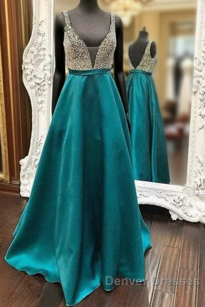 Green V Neck Sequin Long Prom Dress, Green Evening Dress Main image