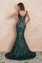 V-Neck Sequins Mermaid Sleeveless Lace-up Prom Dresses