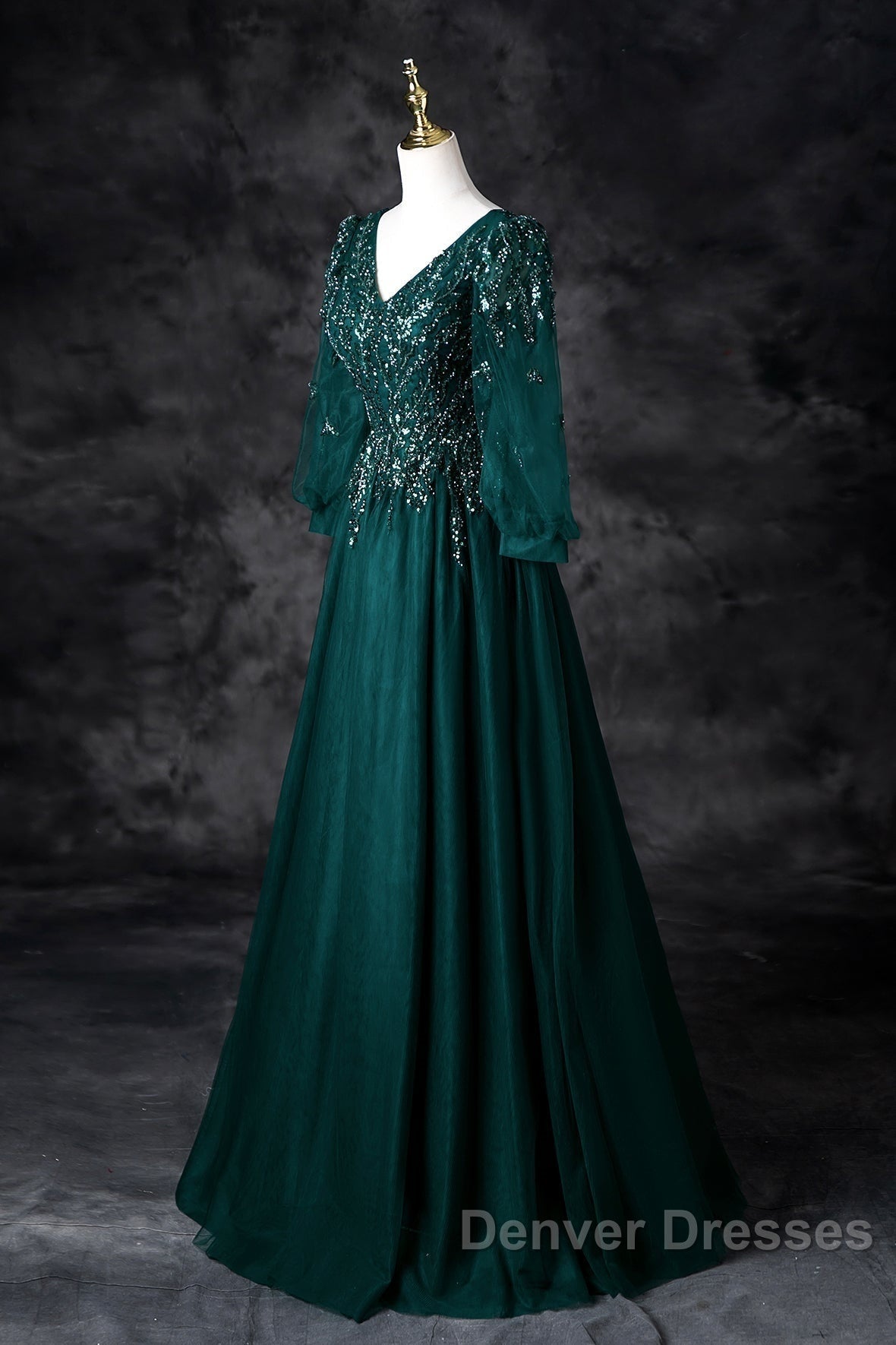 Green V-Neck Tulle Beads Long Prom Dress, Elegant Long Sleeve Evening Party Dress