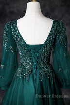 Green V-Neck Tulle Beads Long Prom Dress, Elegant Long Sleeve Evening Party Dress
