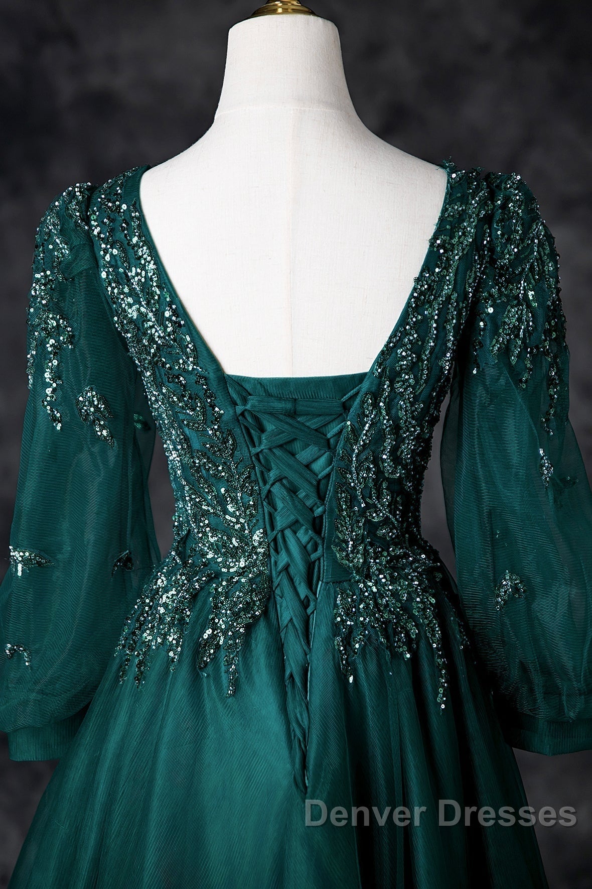 Green V-Neck Tulle Beads Long Prom Dress, Elegant Long Sleeve Evening Party Dress