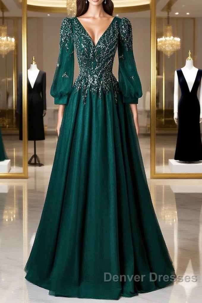 Green V-Neck Tulle Beads Long Prom Dress, Elegant Long Sleeve Evening Party Dress Main image