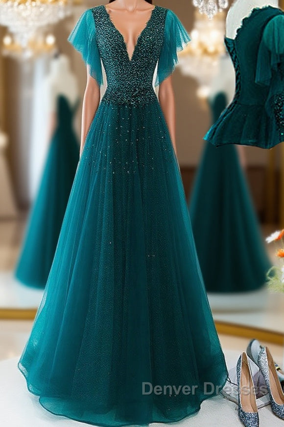 Green v neck tulle beads long prom Dress, green tulle formal Dress Main image