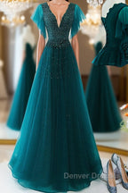 Green v neck tulle beads long prom Dress, green tulle formal Dress