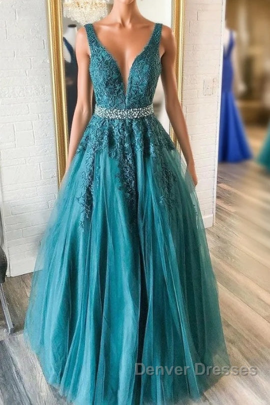 Green v neck tulle lace long prom Dress, green formal Dress Main image