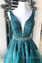 Green v neck tulle lace long prom Dress, green formal Dress