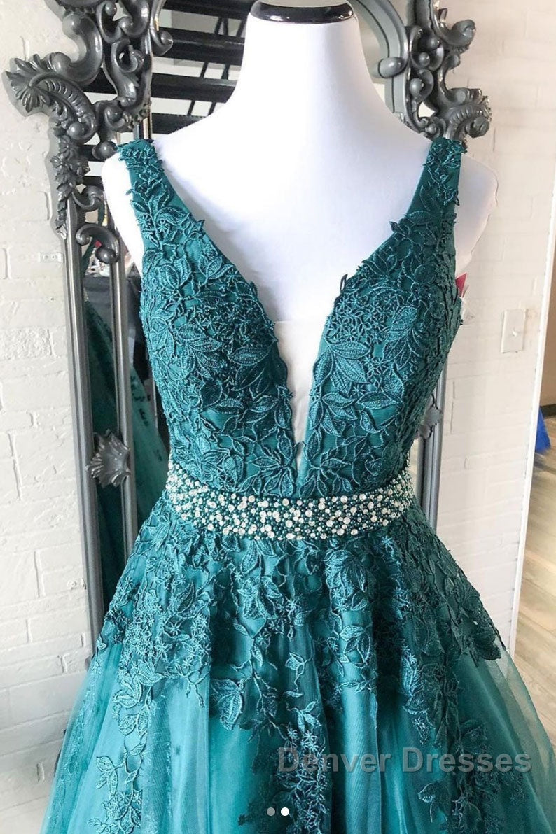 Green v neck tulle lace long prom Dress, green formal Dress