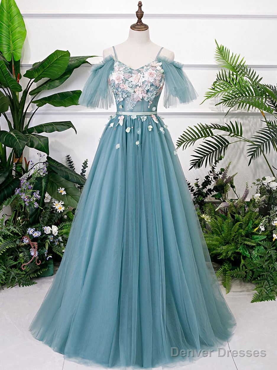 Green V Neck Tulle Lace Long Prom Dress Lace Evening Dress