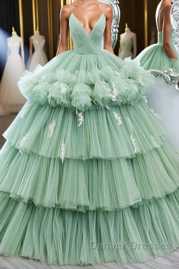 Green v neck tulle long prom gown, green tulle sweet 16 Dress Main image