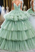 Green v neck tulle long prom gown, green tulle sweet 16 Dress