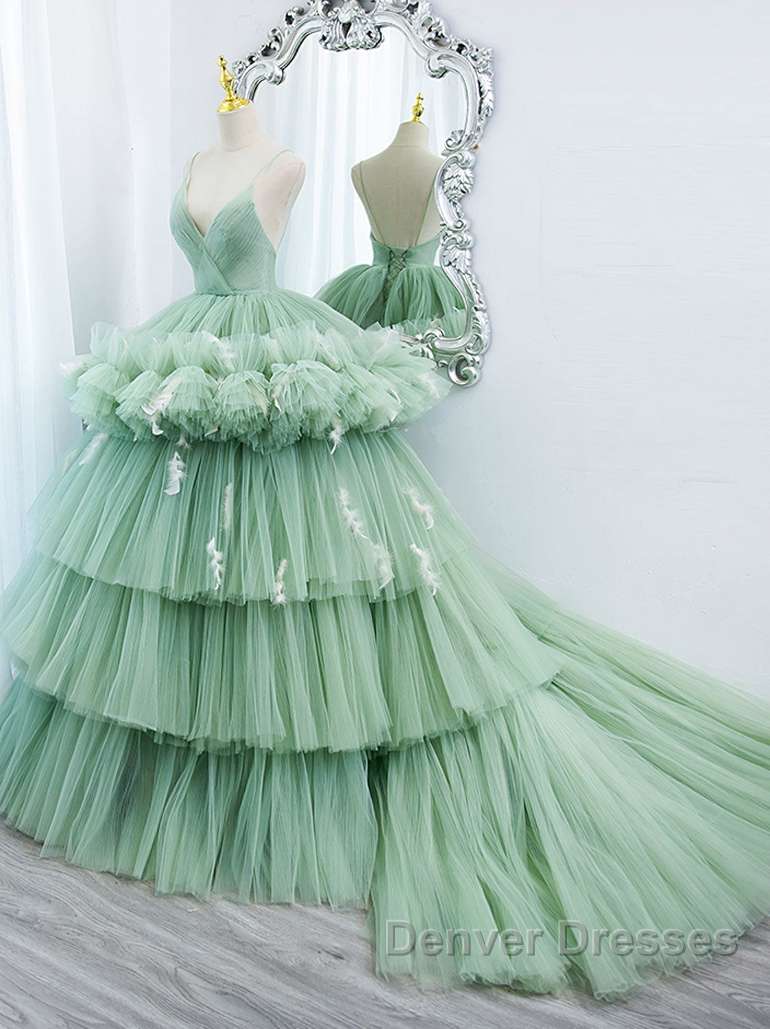 Green v neck tulle long prom gown, green tulle sweet 16 Dress