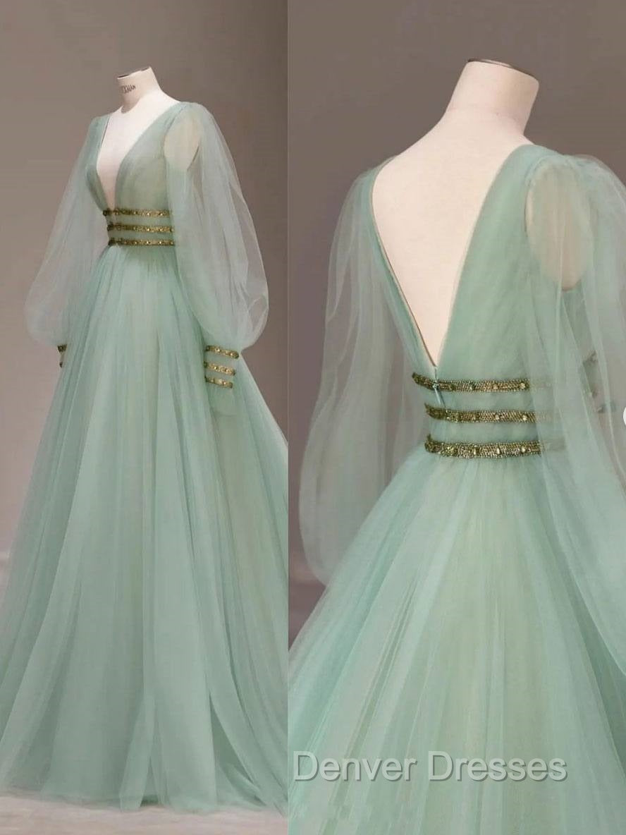 Green V Neck Tulle Sequin Long Prom Dress, Green Evening Dress Secondary image
