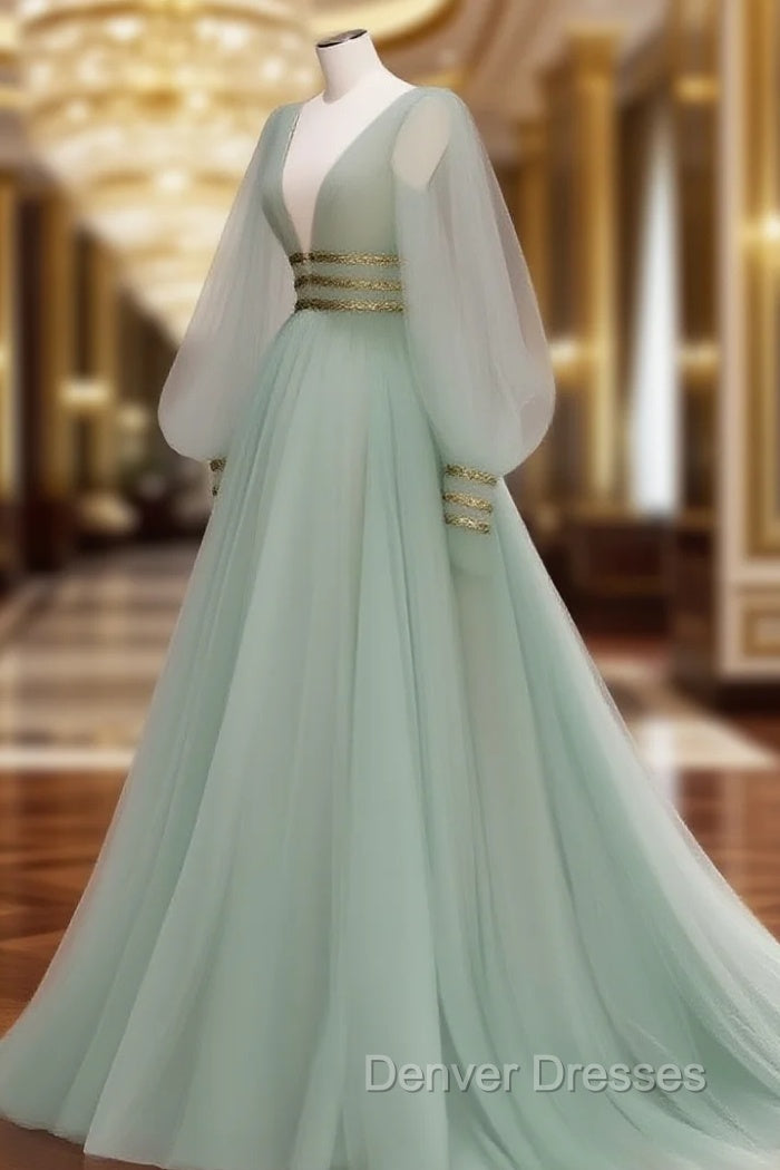 Green V Neck Tulle Sequin Long Prom Dress, Green Evening Dress Main image