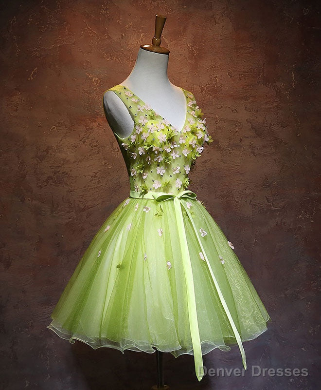 Green V Neck Tulle Short Prom Dress, Green Homecoming Dress Main image