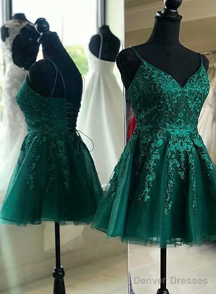 Green V-neckline Lace and Tulle Short Prom Dress, Green Homecoming Dresses Main image