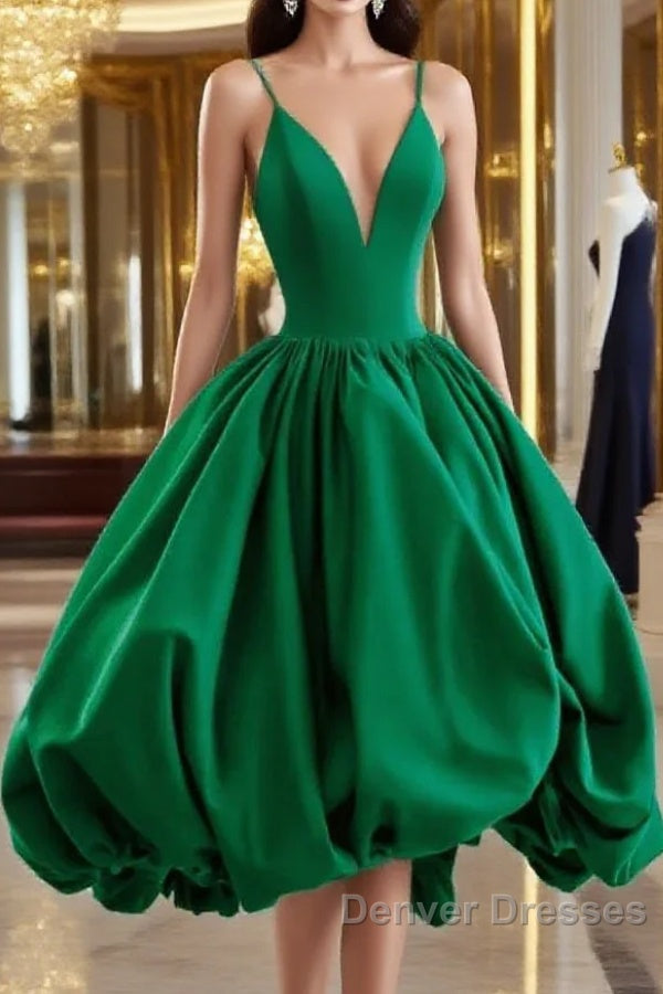 Green V-Neckline Straps Short Party Dress, Green Knee Length Homecoming Dress Main image