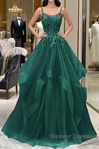 Green V-Neckline Tulle With Lace Applique Prom Dress, Green Layers Tulle Party Dress