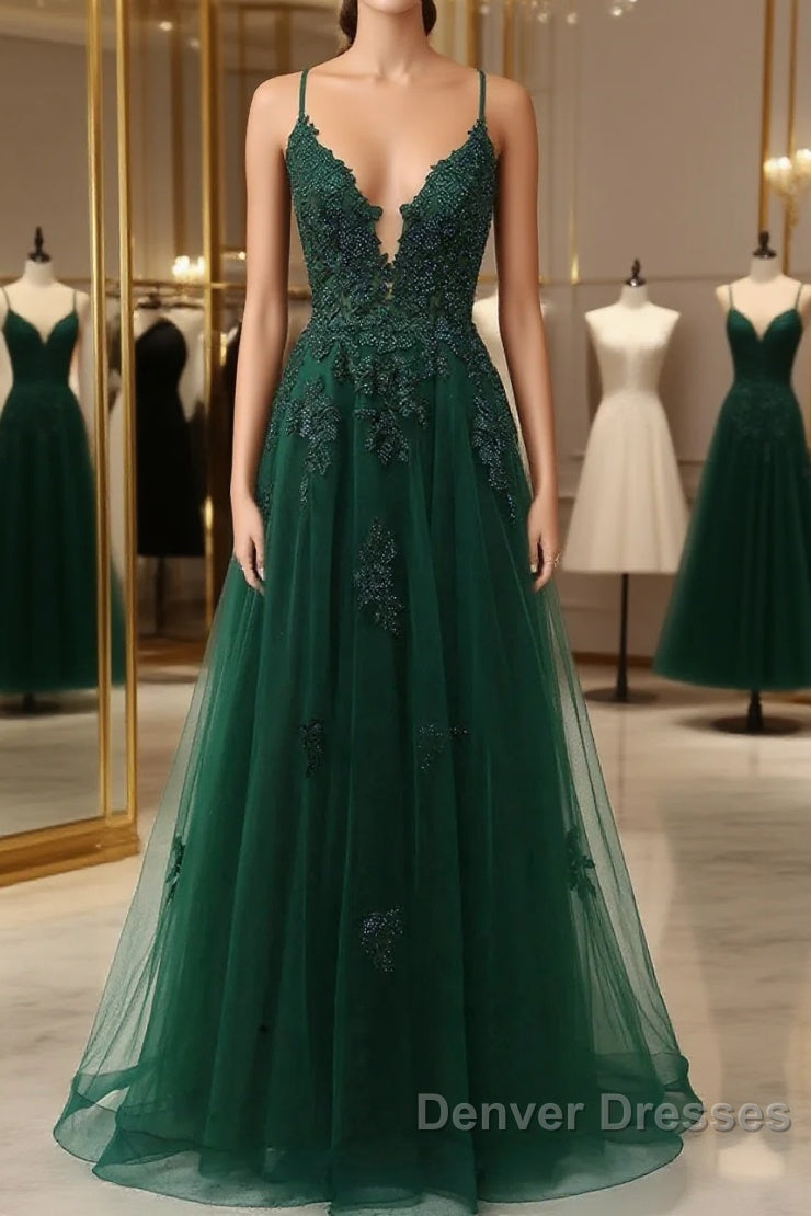 Green V-Neckline Tulle With Lace Cross Back, Green Tulle Prom Dress Main image