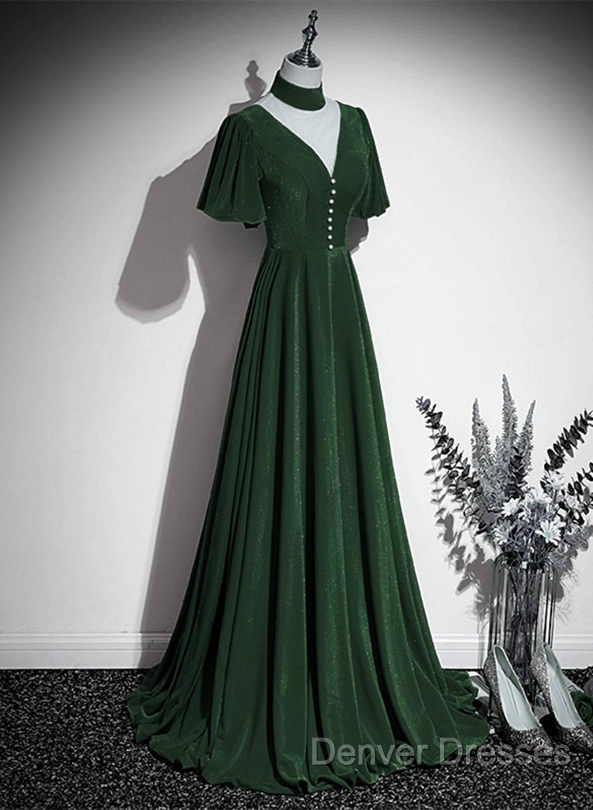 Green Velvet A-Line Short Sleeves Long Party Dress, Green Long Prom Dress Secondary image