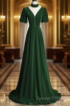 Green Velvet A-Line Short Sleeves Long Party Dress, Green Long Prom Dress