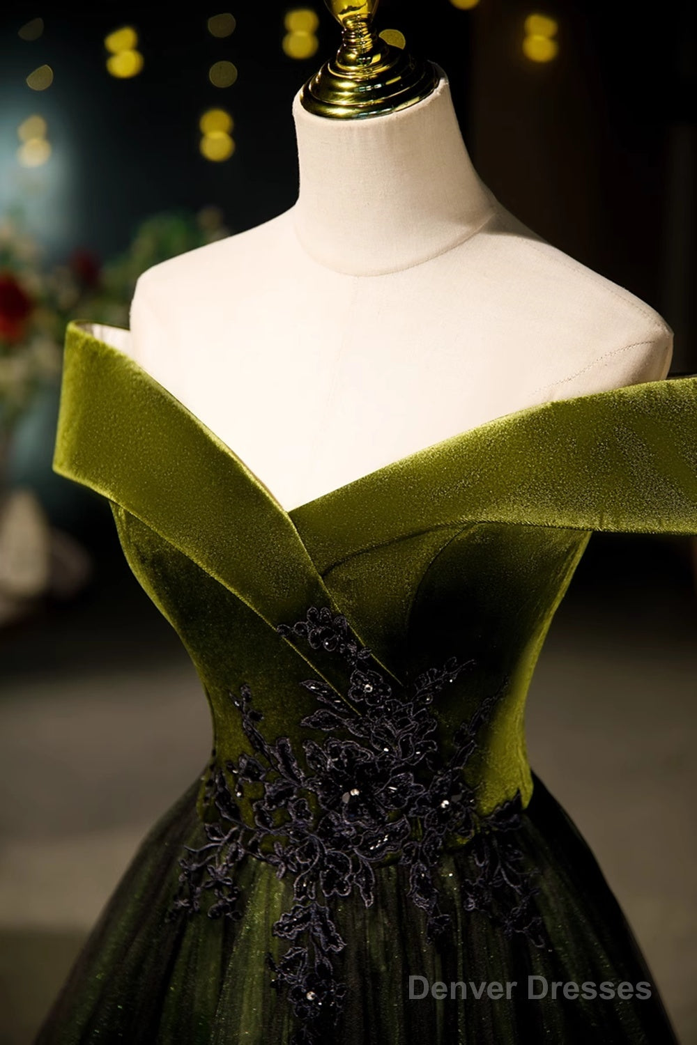 Green Velvet And Tulle Off Shoulder Party Dress, A-Line Green Evening Dress Prom Dress Secondary image