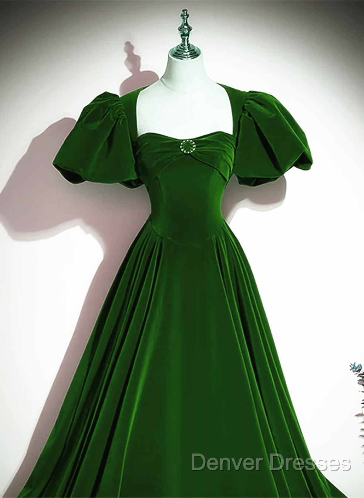 Green Velvet Backless Long Party Dress, Green Short Sleeves Formal Dress Prom Dress Secondary image