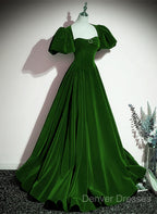 Green Velvet Backless Long Party Dress, Green Short Sleeves Formal Dress Prom Dress