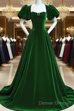 Green Velvet Backless Long Party Dress, Green Short Sleeves Formal Dress Prom Dress