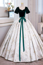 Green Velvet Floor-Length Printing Prom Dresses, A-Line Short Sleeve Evening Formal Dresses